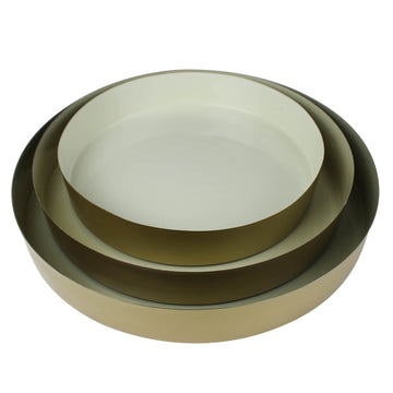 Set of Three Beige and Gold Round Metal Indoor Outdoor Handmade Serving Tray