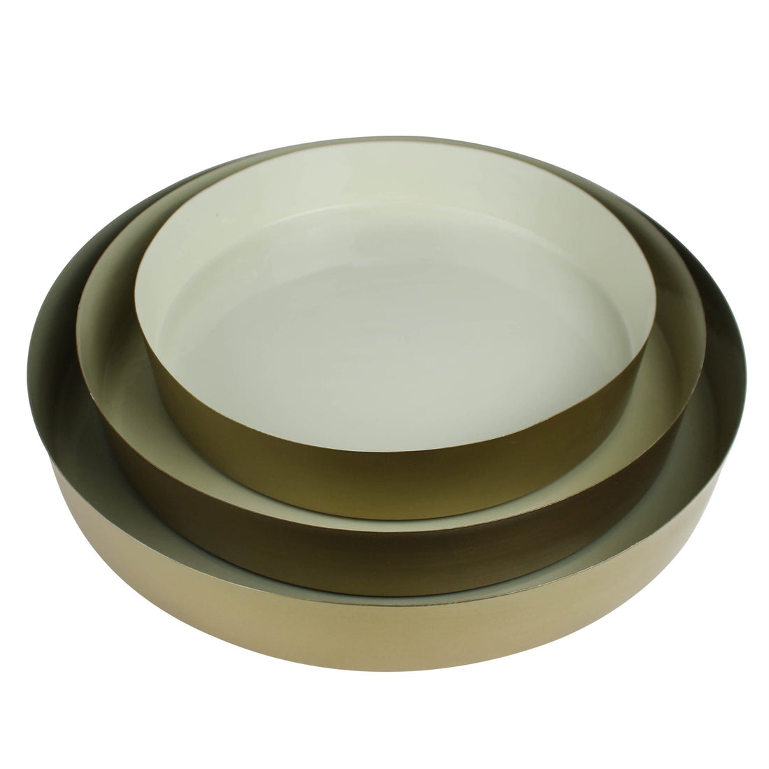 Set of Three Beige and Gold Round Metal Indoor Outdoor Handmade Serving Tray