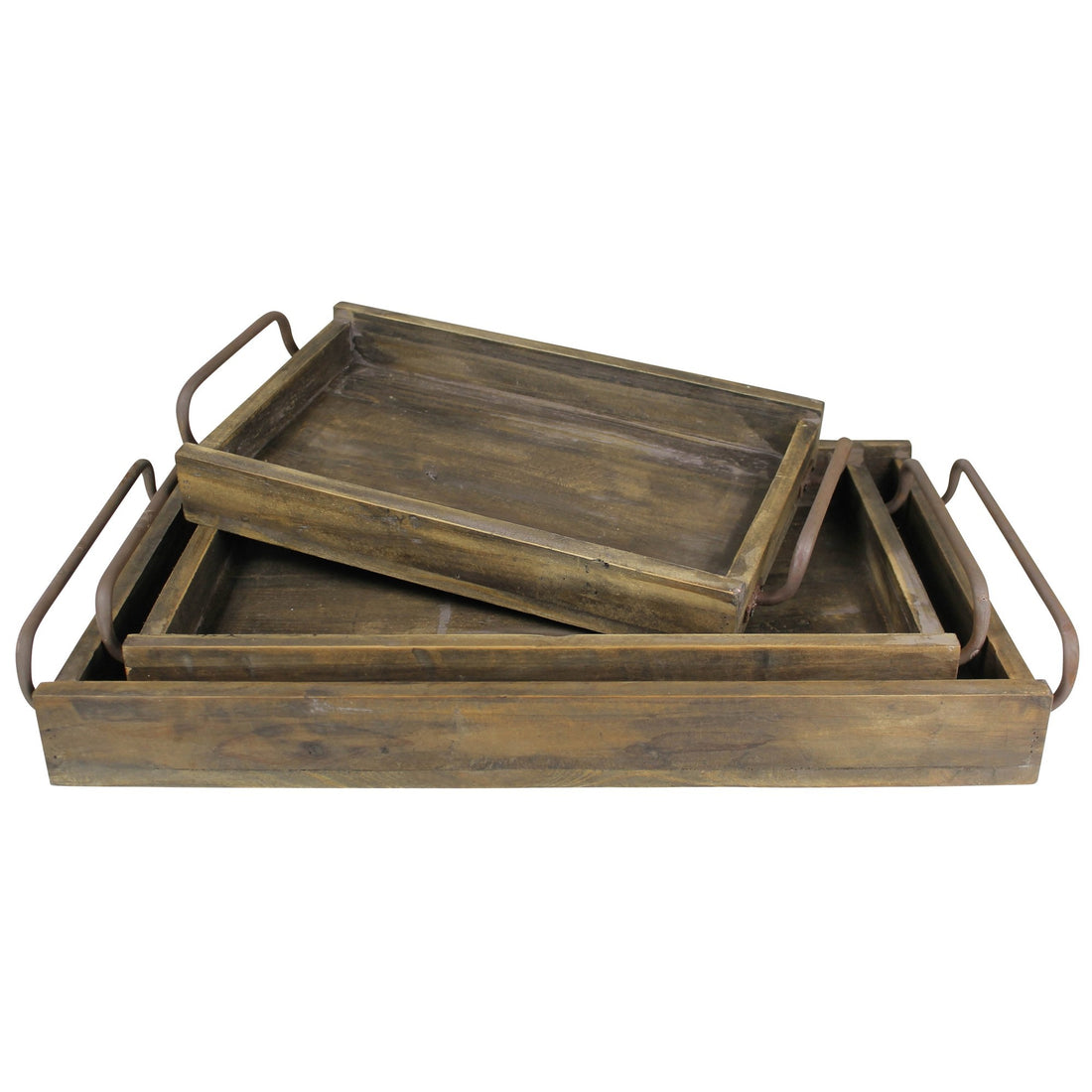 Set of Three Dark Brown Wood Indoor Outdoor Tray With Handles