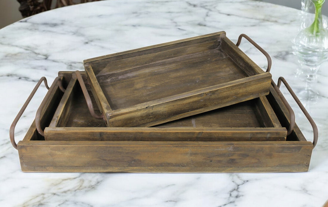 Set of Three Dark Brown Wood Indoor Outdoor Tray With Handles