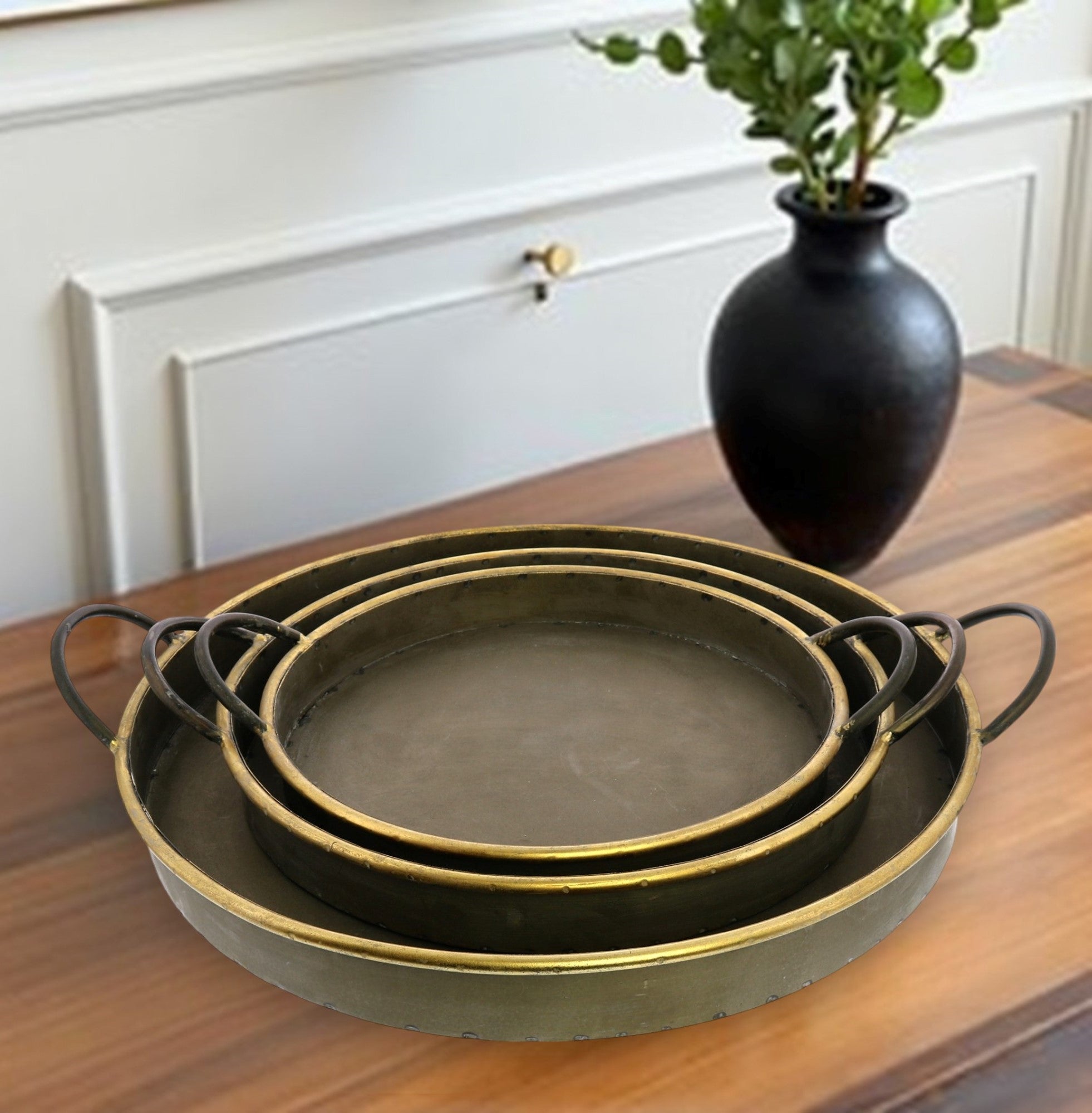 Set of Three Gray and Gold Round Tin Indoor Outdoor Serving Tray With Handles