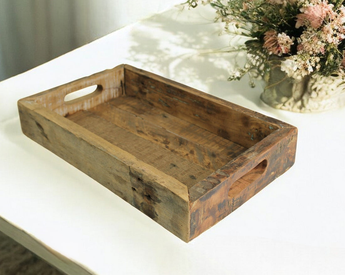 16" Natural Wood Indoor Outdoor Tray With Handles