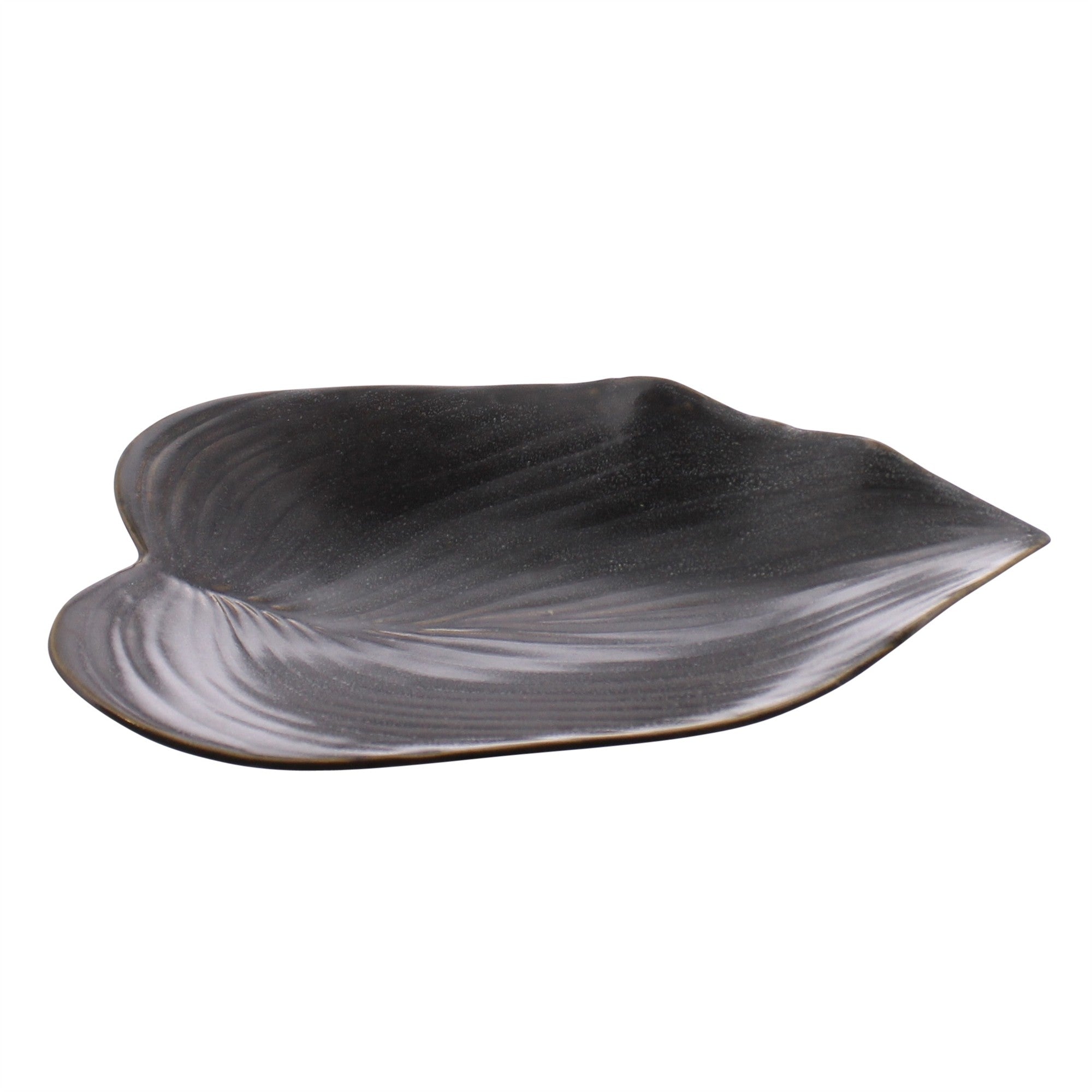 7" Dark Brown and Gold Ceramic Leaf Tray