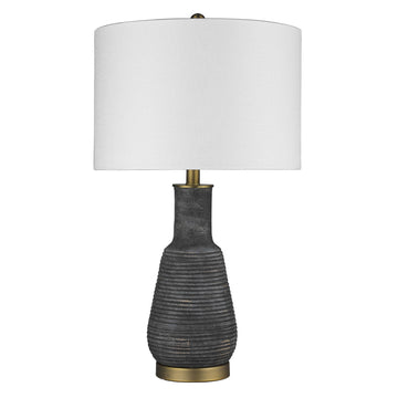 26" Distressed Black and Gold Ceramic Table Lamp With White Drum Shade