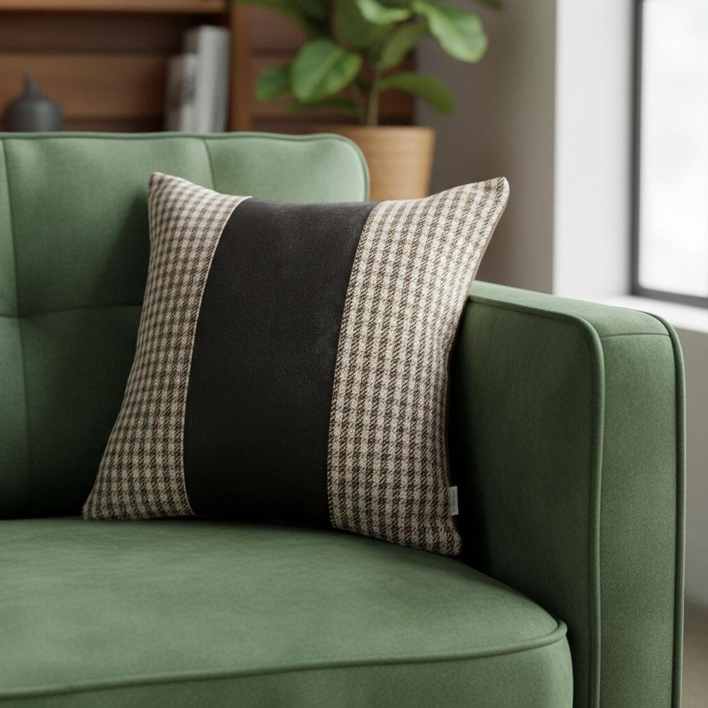 18" Black Tan And White Houndstooth Throw Pillow