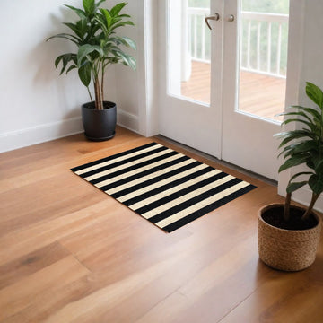 2' X 4' Black and Tan Wide Stripe Washable Floor Mat