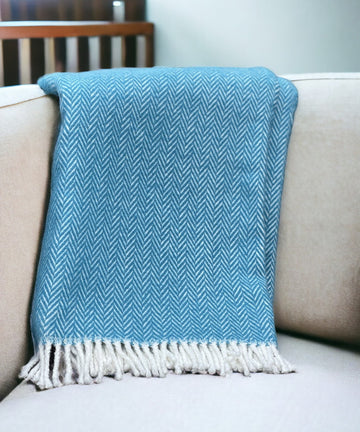 55" X 70" Teal Blue and White Woven Herringbone Plush Throw Blanket