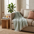 55" X 70" Sage and Ivory Woven Cotton Herringbone Plush Throw Blanket