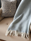 70" X 55" Sky Blue And White Cotton Blend Woven Herringbone Plush Throw Blanket with Tassels