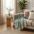 50" X 60" Green And Ivory Woven Herringbone Plush Throw Blanket with Tassels