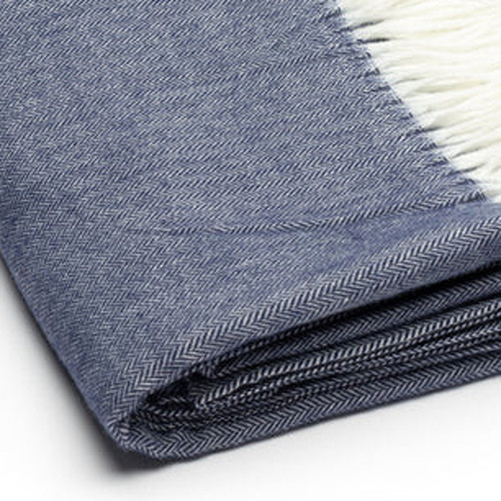 50" X 60" Navy Blue And White Woven Herringbone Plush Throw Blanket