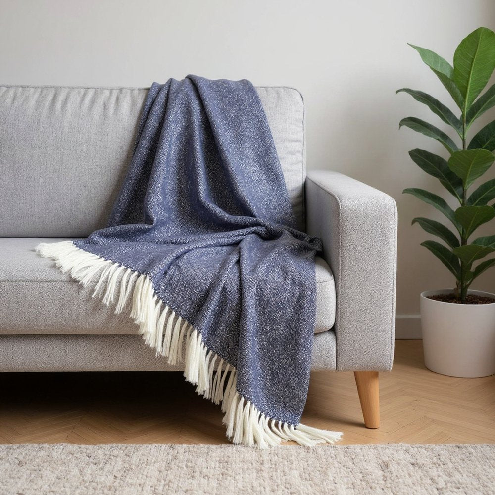 50" X 60" Navy Blue And White Woven Herringbone Plush Throw Blanket