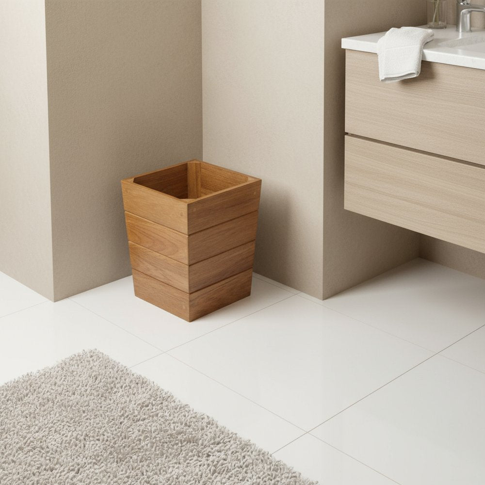 10" Traditional Solid Teak Small Waste Basket