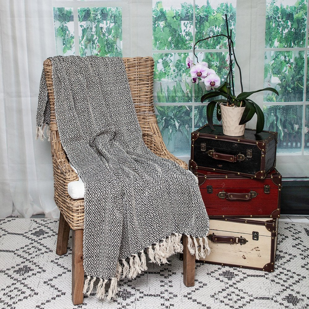52" X 67" Black And Beige Geometric Diamond Throw Blanket with Tassels