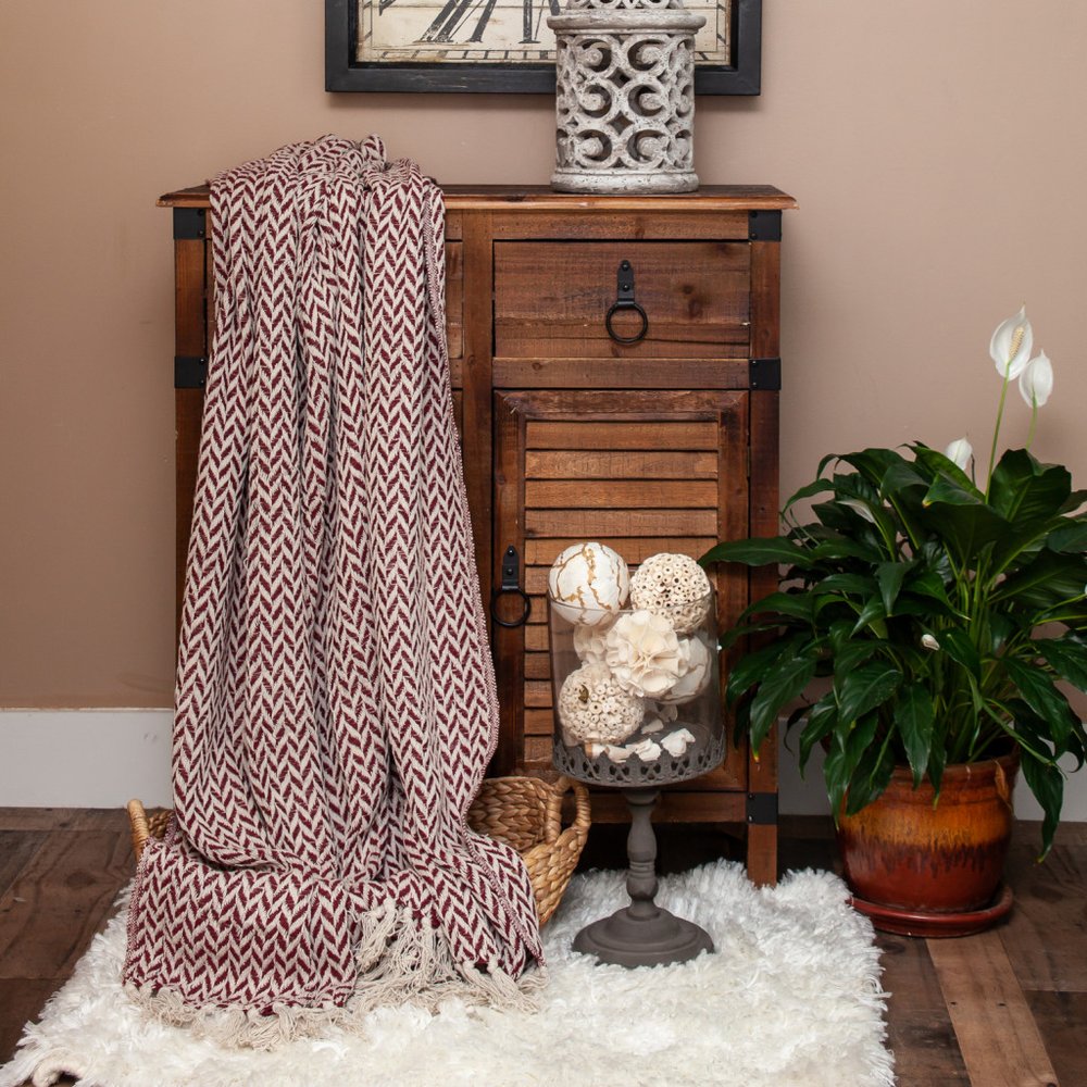 52" X 67" Burgundy And Ivory Cotton Woven Herringbone Throw Blanket with Tassels