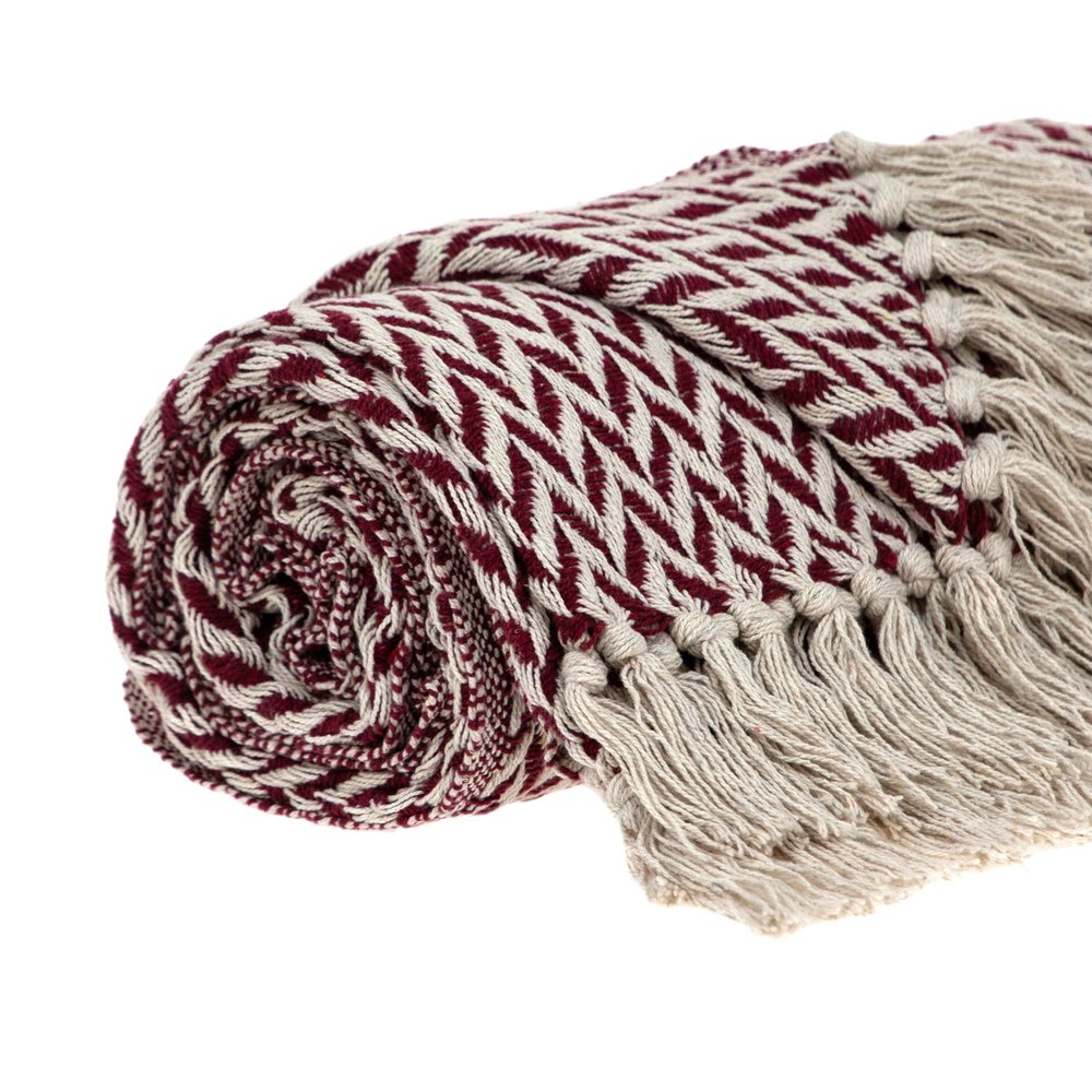 52" X 67" Burgundy And Ivory Cotton Woven Herringbone Throw Blanket with Tassels