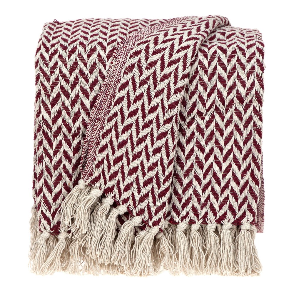 52" X 67" Burgundy And Ivory Cotton Woven Herringbone Throw Blanket with Tassels