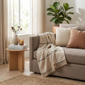 52" X 67" Beige and Black Woven Cotton Striped Throw Blanket with Tassels