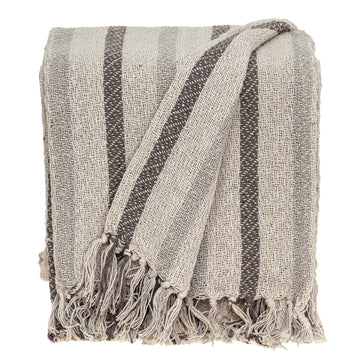 67" X 52" Beige And Taupe Cotton Woven Striped Throw Blanket with Fringe