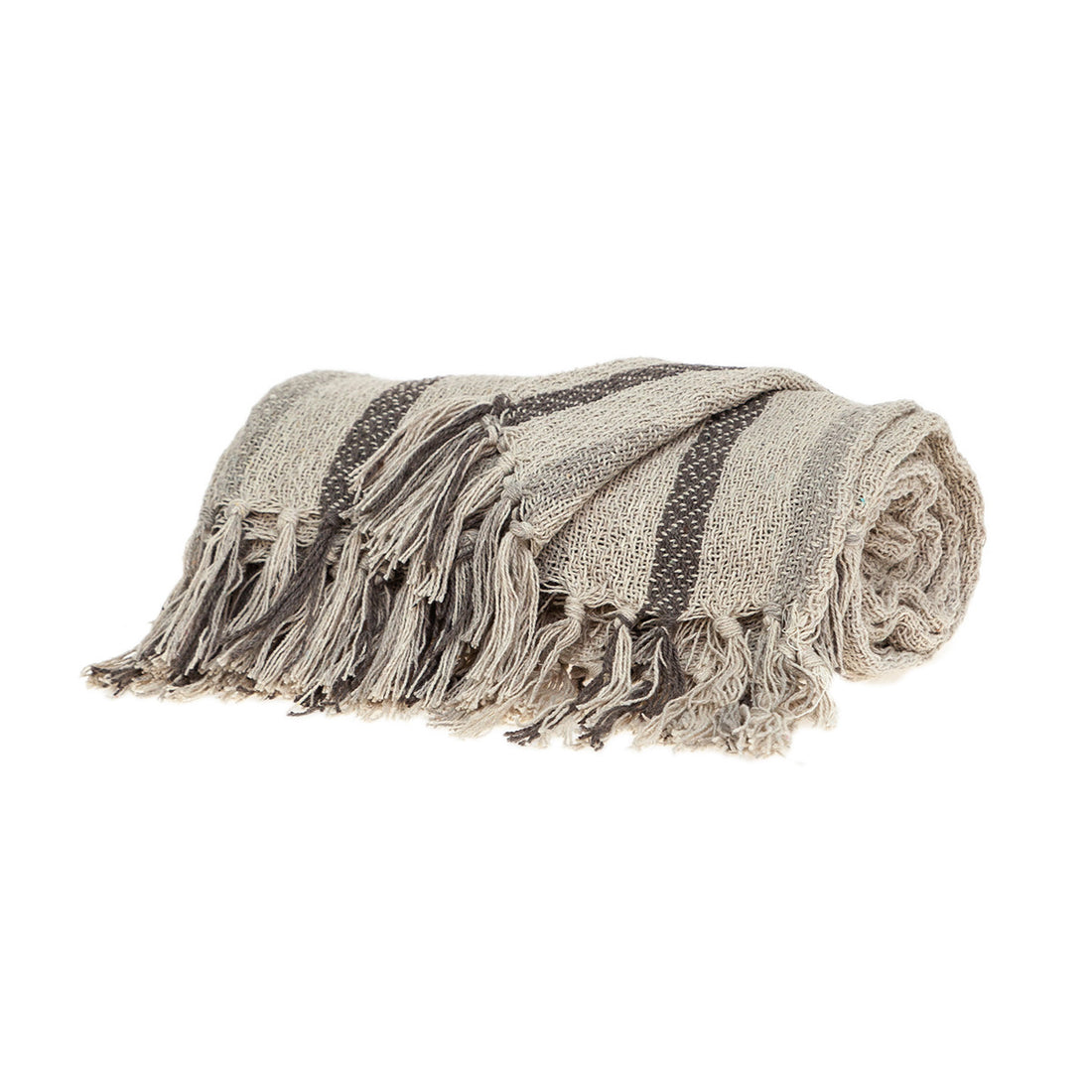 67" X 52" Beige And Taupe Cotton Woven Striped Throw Blanket with Fringe