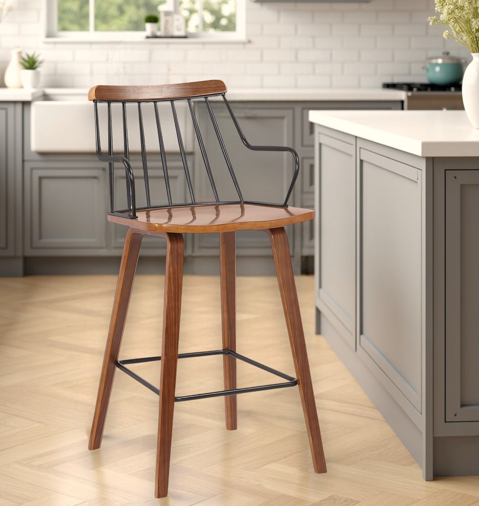 26" Brown Manufactured Wood and Iron Counter Height Bar Chair