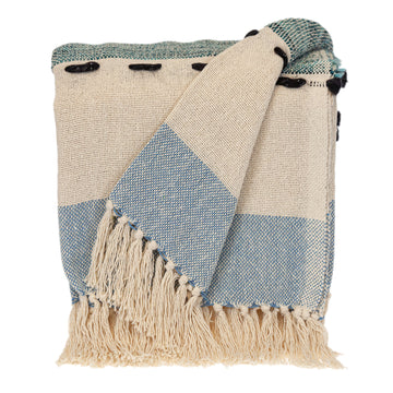 50" X 60" Blue and Ivory Woven Cotton Striped Throw Blanket with Tassels