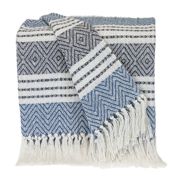 Blue Woven Cotton Striped Throw Blanket