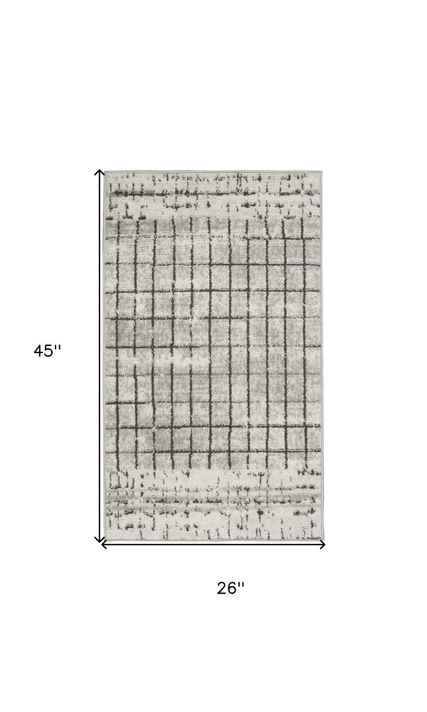 2' X 4' Ivory And Grey Abstract Power Loom Distressed Non Skid Area Rug