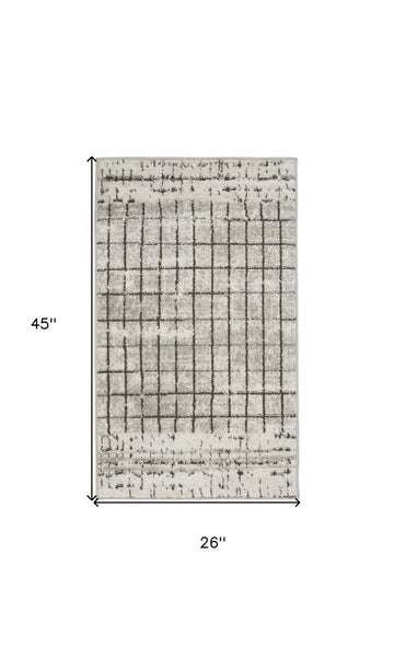 2' X 4' Ivory And Grey Abstract Power Loom Distressed Non Skid Area Rug