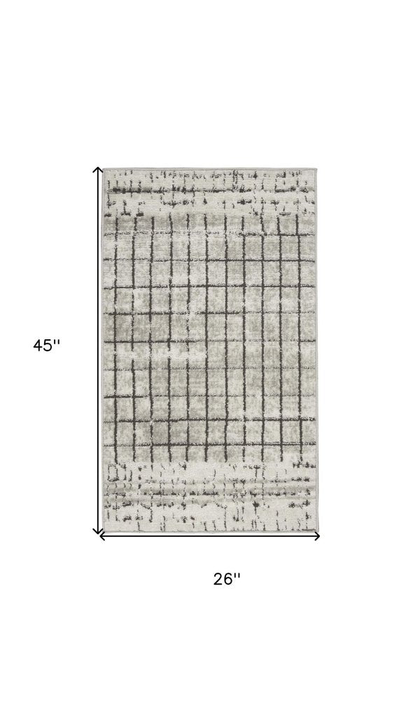 2' X 4' Ivory And Grey Abstract Power Loom Distressed Non Skid Area Rug