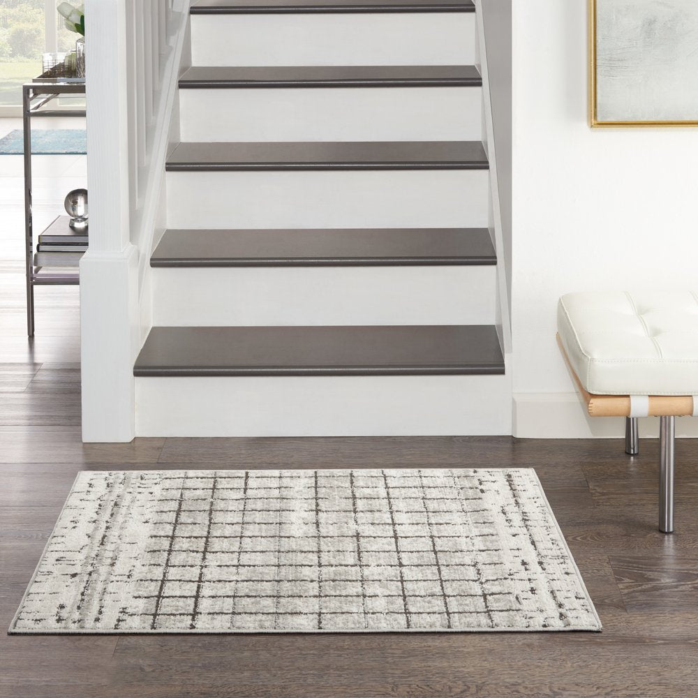 2' X 4' Ivory And Grey Abstract Power Loom Distressed Non Skid Area Rug