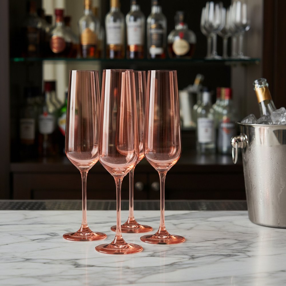 Set of Four Coral Crystal Narrow Stemmed Champagne Flutes