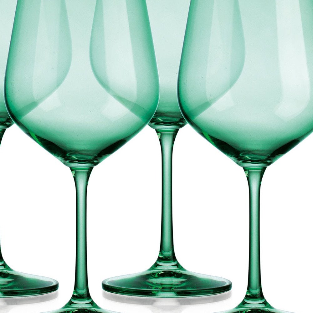 Set of Four Green Crystal Balloon Bowl Stemmed Red Wine Glass