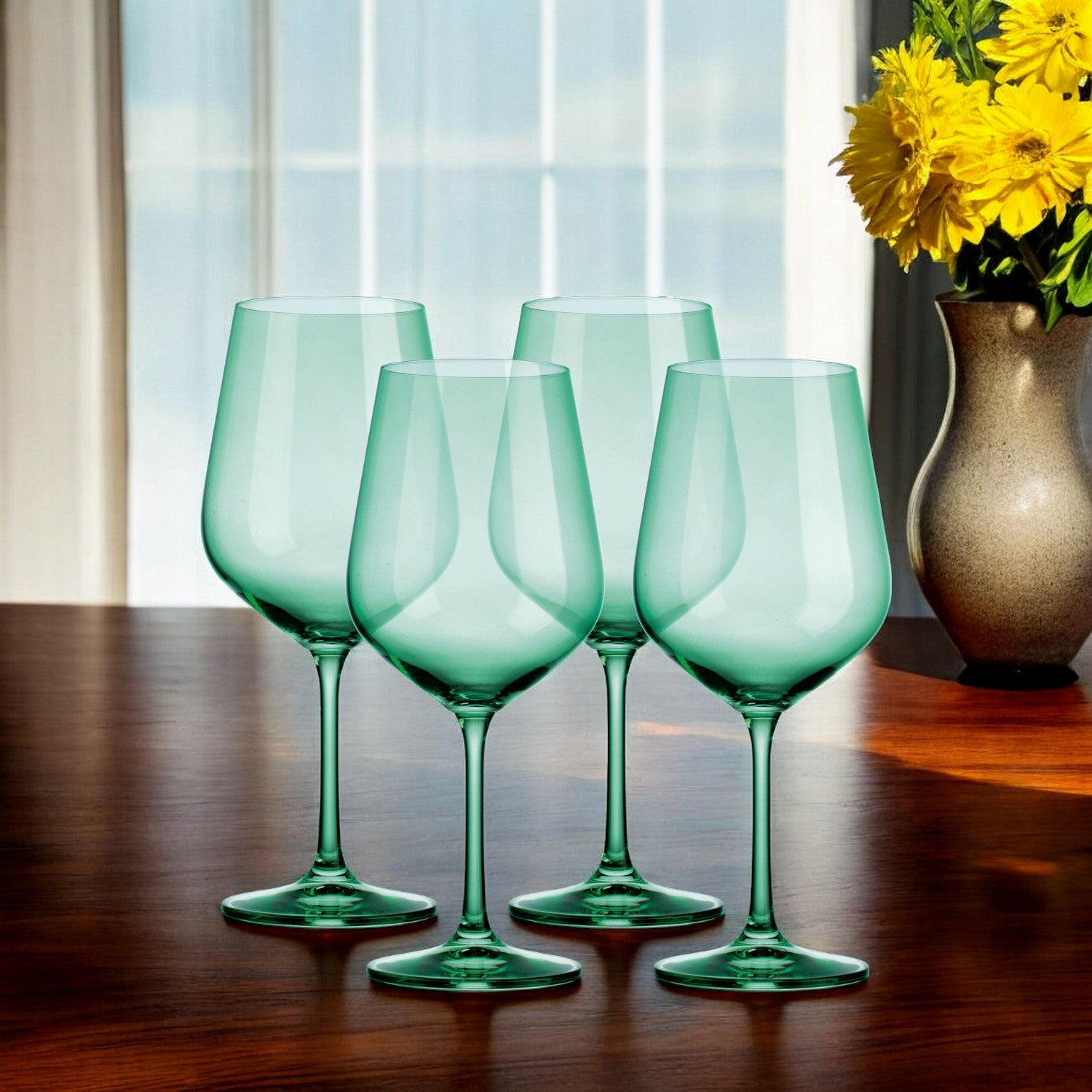 Set of Four Green Crystal Balloon Bowl Stemmed Red Wine Glass