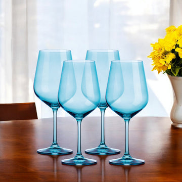 Set of Four Blue Crystal Balloon Bowl Stemmed Red Wine Glass