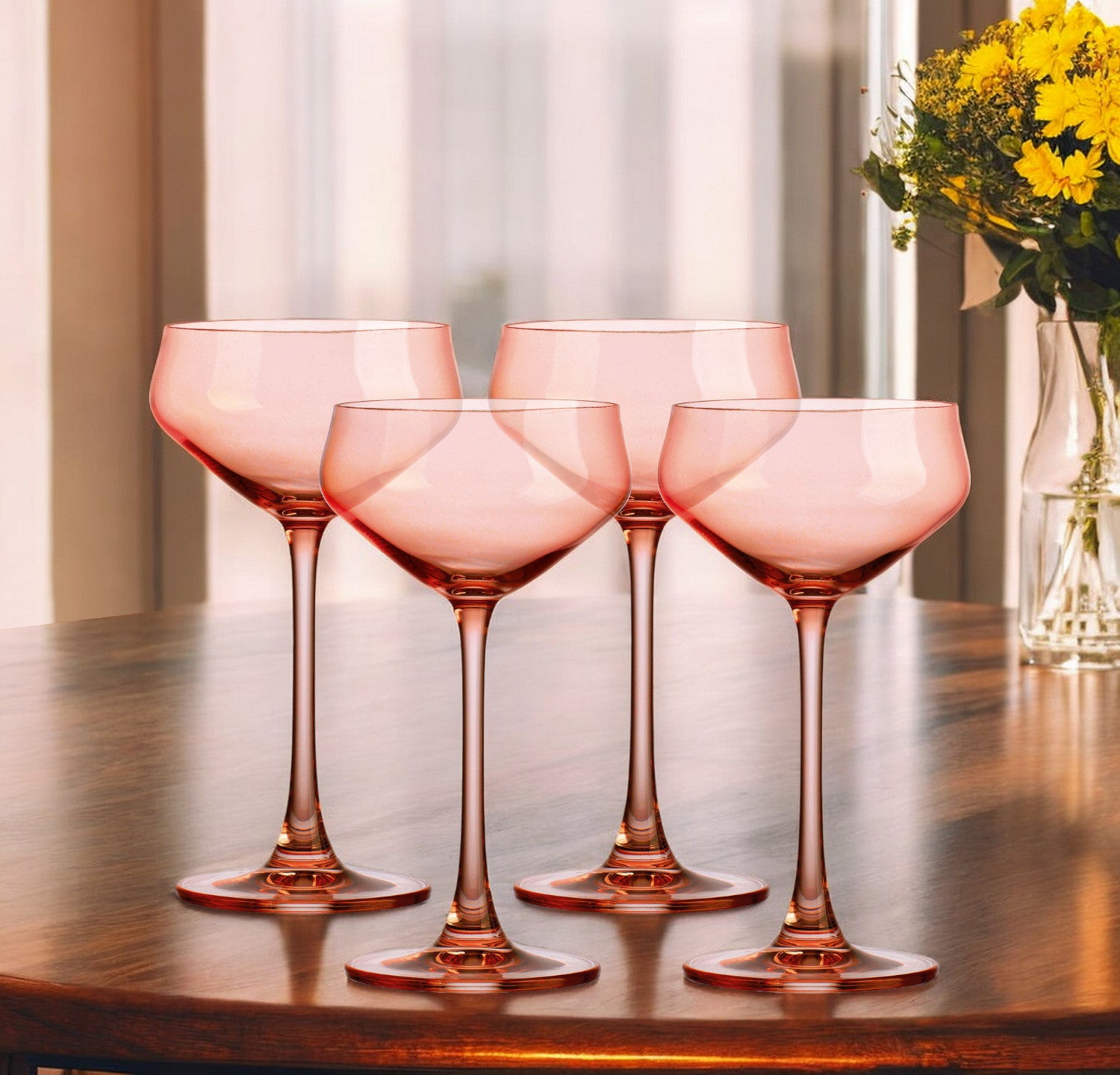 Set of Four Coral Crystal Shallow Bowl Stemmed Coupe