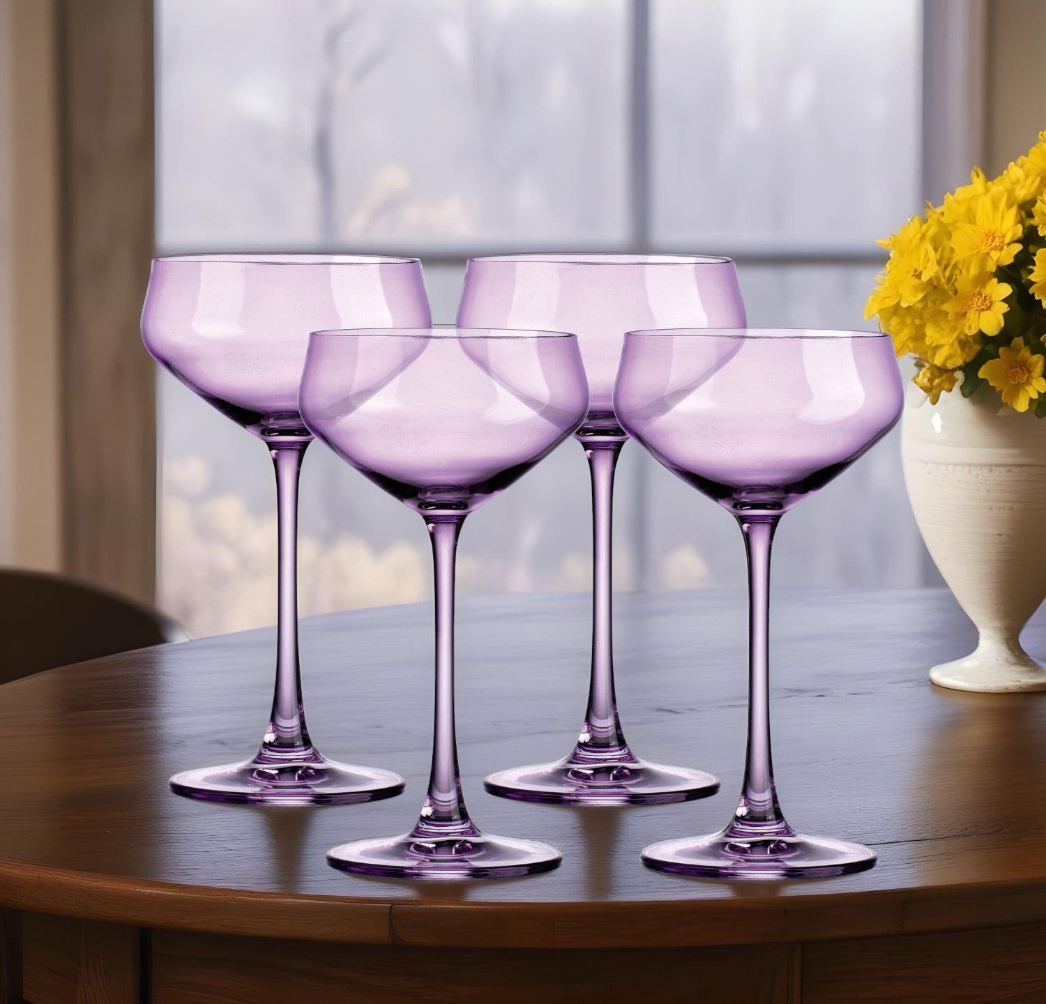 Set of Four Purple Crystal Shallow Bowl Stemmed Coupe