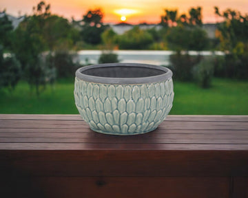 8" Aqua Textural Tone On Tone Ceramic Indoor Outdoor Round Pot Planter