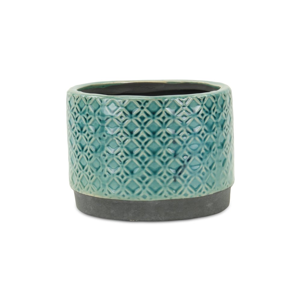 7" Turquoise Geometric Ceramic Indoor Outdoor Round Pot Planter