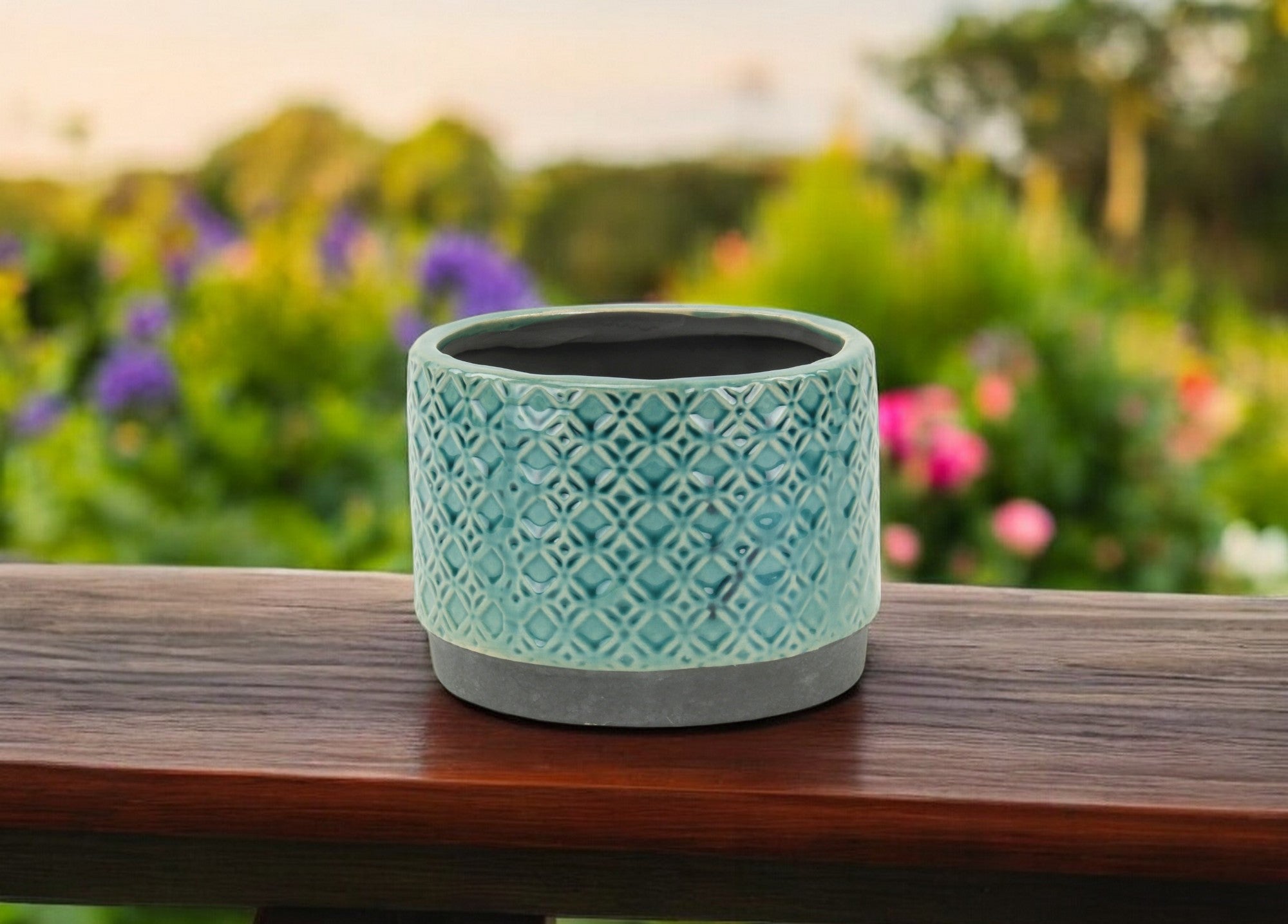 7" Turquoise Geometric Ceramic Indoor Outdoor Round Pot Planter