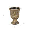 7" Antiqued Brass Textural Tone On Tone Cement Indoor Outdoor Round Urn Planter