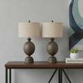 Set of Two 30" Brown Geometric Table Lamps With Beige Drum Shade