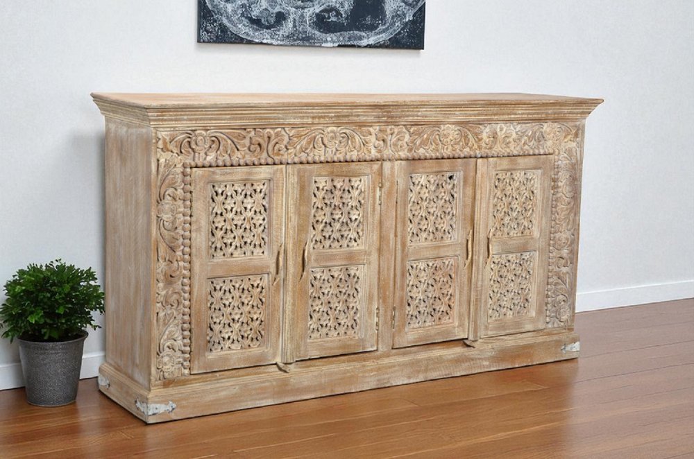 76" Antiqued White Distressed Solid Wood Carved Floral Sideboard with Four Doors