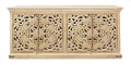 71" Beige Distressed Solid Wood Carved Scrollwork Sideboard with Four Doors