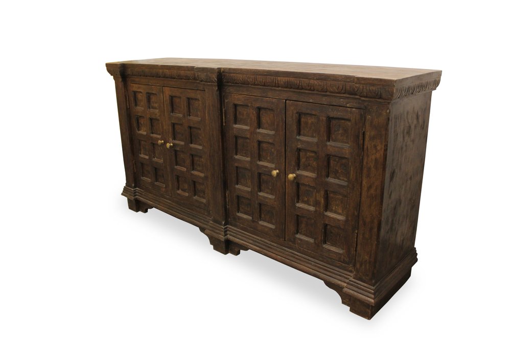 72" Brown Distressed Solid Wood Carved Geometric Buffet Table with Four Doors