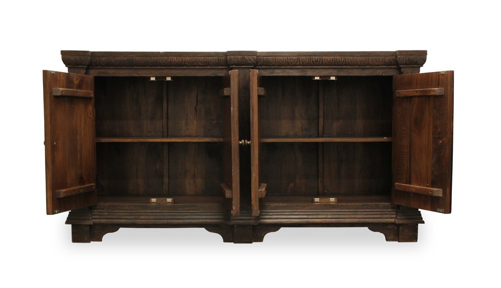 72" Brown Distressed Solid Wood Carved Geometric Buffet Table with Four Doors