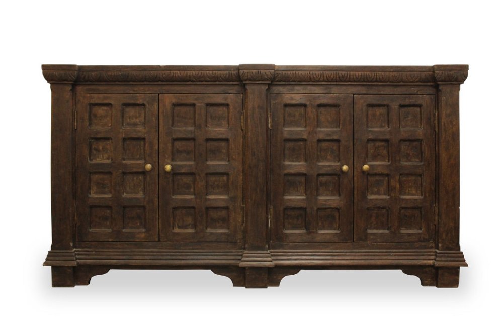 72" Brown Distressed Solid Wood Carved Geometric Buffet Table with Four Doors