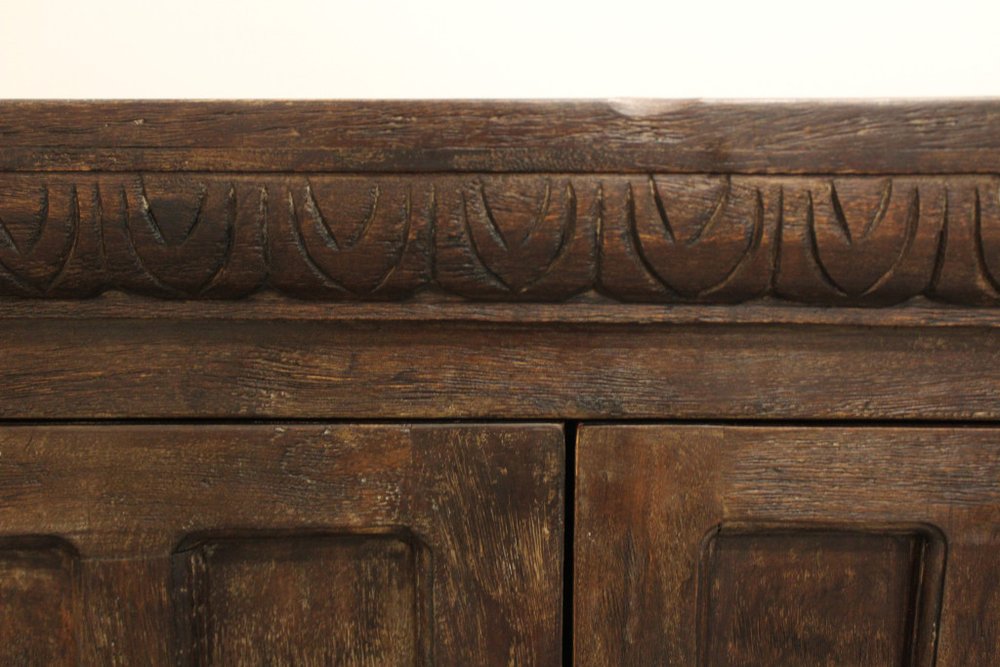 72" Brown Distressed Solid Wood Carved Geometric Buffet Table with Four Doors