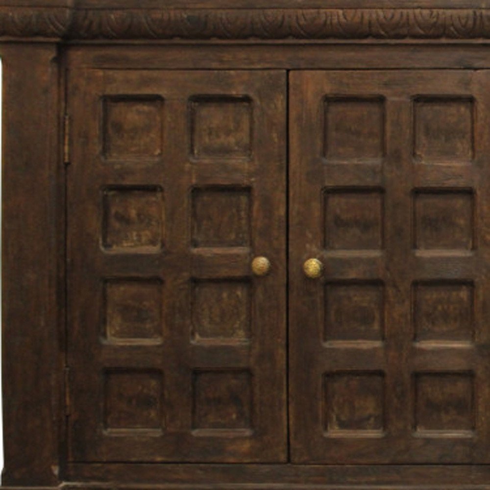72" Brown Distressed Solid Wood Carved Geometric Buffet Table with Four Doors