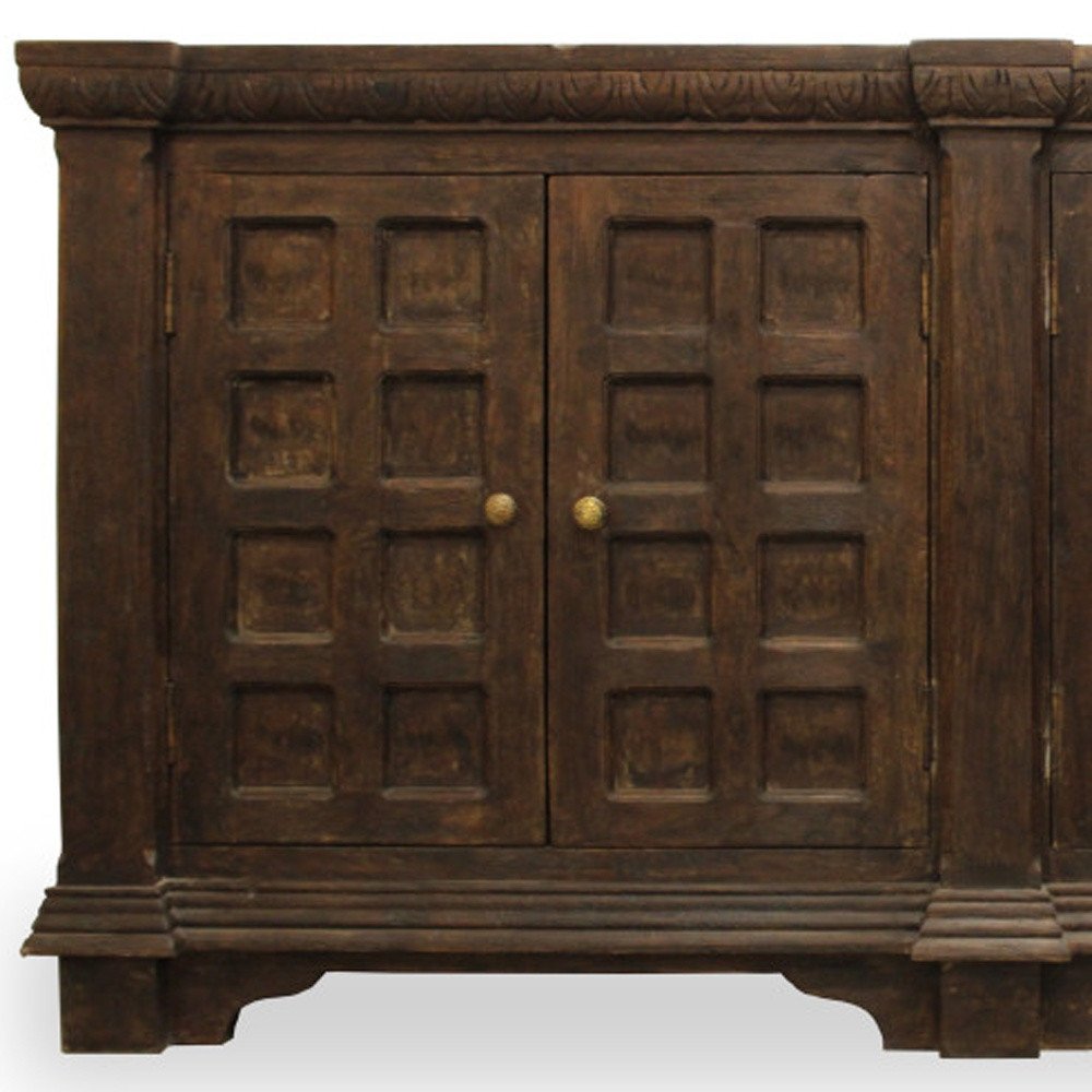 72" Brown Distressed Solid Wood Carved Geometric Buffet Table with Four Doors